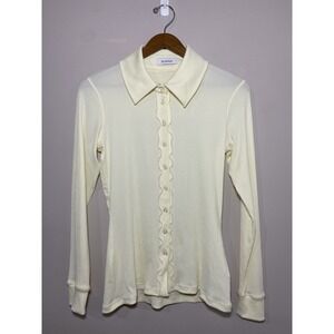 Rodebjar Button Up Top NEW Women MEDIUM Cream Ribbed Long Sleeve Collared Ruffle
